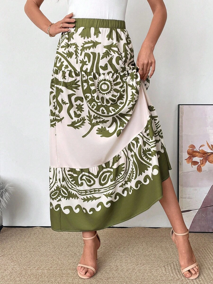 SHEIN Chân váy chữ A họa tiết Paisley hình ô đơn giản thanh lịch dành cho nữ - Nhiều màu - Xem 1