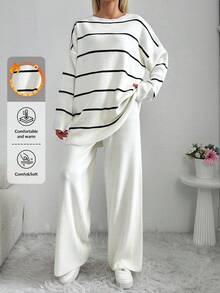 EURMUSE Women's Two Piece Set Striped White Sweater - Apricot - View 1