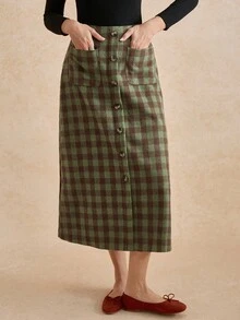 Écloséra 女士格纹中长款A字裙，带前口袋，适合秋冬季外出 - 綠色 - 查看 1
