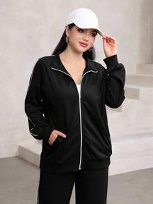 Mulvari 2pcs Set Women Raglan Sleeve Zip-Up Colorblock Elegant Cardigan And Pants - Black - View 4