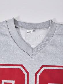 SHEIN ChillGRL 少女休闲学院风数字图案 V 领落肩短袖阔腿裤两件套 - 灰色 - 查看 6