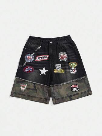 Grunge Punk Fashionable Avant-Garde Street Embroidery Design Contrast Color Camouflage Metal Chain Loose Low Waist Denim Bermuda Shorts