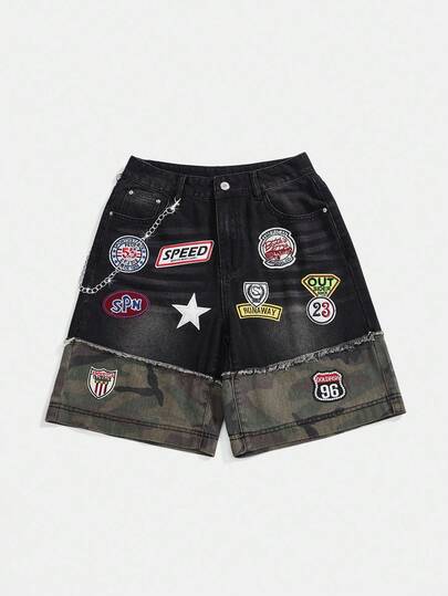 Grunge Punk Short en jean bermuda taille basse ample avec design de chaîne métallique, camouflage et couleurs contrastées, style avant-gardiste et