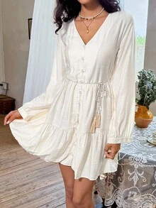 SHEIN Frenchy Women's Casual Solid Color Button Front Mini Dress Winter - Apricot - View 3
