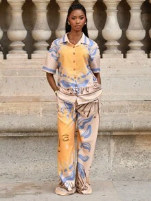 Mima John 宽腿系带图案太阳印花长裤海滩罩衫游泳夏季假期节日可爱休闲优雅托斯卡纳太阳 - 彩色 - 查看 4