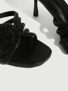 CUCCOO SZL Women's Fashion Square Toe Black Rhinestone Embellished Slip-On High Heel Party Sandals
