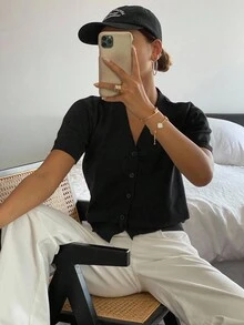 Livesso 女士纯色V领短袖修身针织上衣，商务休闲 - 黑色 - 查看 5