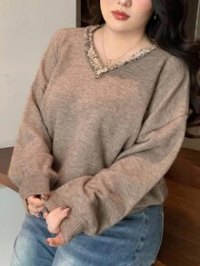 Dazy Plus V-Neck Patchwork Loose Casual Plus Size Women Pullover Sweater, Autumn/Winter School - Khaki - View 6