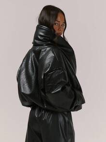 MUSERA Thick Padded Fold Over Collar Faux Leather Coat Night Out Autumn Fall Winter Back To School Everyday Outerwear Party Elegant Evening Spring - Black - View 5