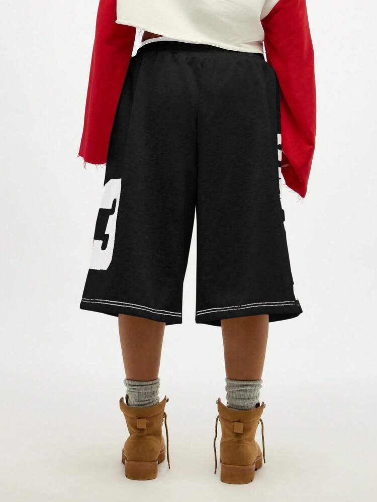 SUMWON WOMEN Wide Leg Varsity Basketball Jersey Shorts With Contrast Waistband