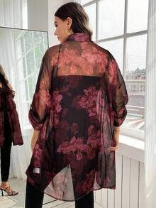 Reflora 大码女式花卉印花网眼荷叶边袖单排扣长款时尚衬衫 - 酒紅色 - 查看 2