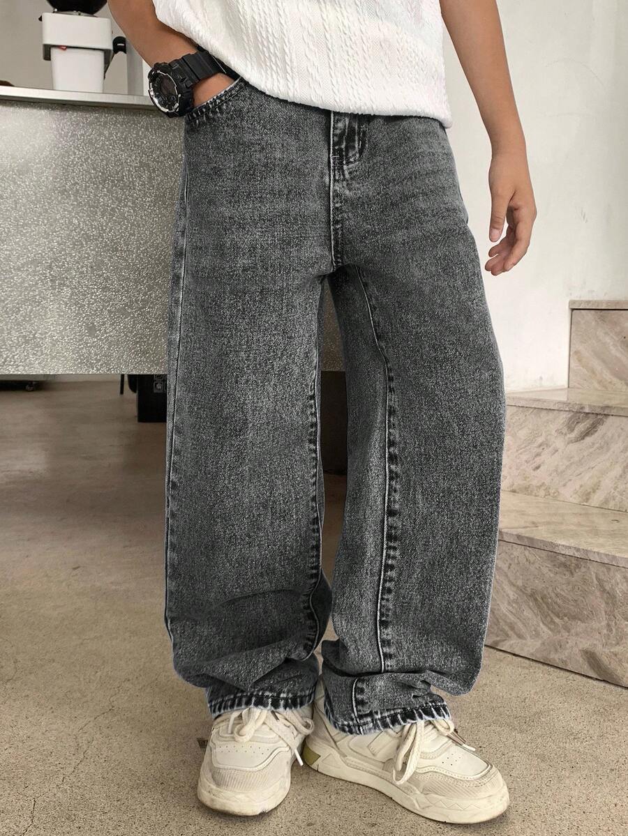 SHEIN 青少年男孩时尚休闲Y2K复古酷炫蓝色牛仔宽松舒适直筒牛仔裤,柔软舒适,适合日常穿着,也适合秋季、冬季返校、返校节、锐舞音乐节和海滩街头服饰,展现复古街头朋克Y2K风格,宽松牛仔裤 - 灰色 - 查看 1