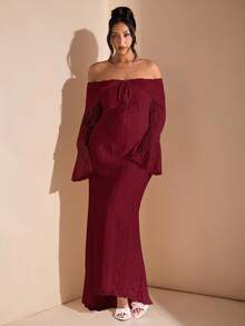 SHEIN BAE 女士优雅露肩白色蕾丝长袖超长美人鱼裙，适合婚礼、派对、伴娘服、白色毕业礼服 - 酒紅色 - 查看 1