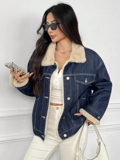 DAZY Fur Collar Patchwork Loose Denim Padded Coat For Women Winter Jacket