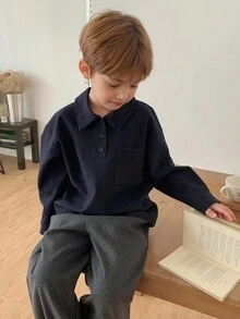 DAZY Young Boy Solid Color Long Sleeve Drop Shoulder Loose Fit Casual Shirt - Navy Blue - View 2