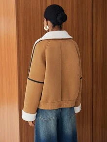 Lumivelle Abrigo de mujer con cuello de piel sintética y dobladillo de color contrastante