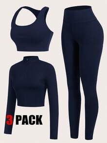 SHEIN Essnce Women's 3 Pieces Tracksuit Set, Ribbed Mock Neck Partial Zip Long Sleeve T-Shirt, Sports Bra Camisole, High Waist Leggings, Women's 3 Pieces Set, Leggings And Bustiers And Overalls - Navy Blue - View 3