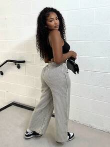 Alexandranx Women's Casual Striped Letter Print Elastic Waist Loose Wide Leg Pants