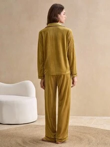女士长袖天鹅绒睡衣套装休闲套装，秋冬装 - 墨綠色 - 查看 2