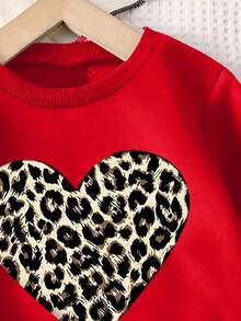 SHEIN Tween Girl Casual Leopard Heart Print Round Neck Sweatshirt - Red - View 4