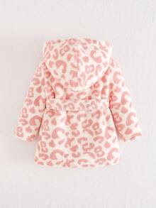 Cozy Pixies Baby Girl Leopard Print Round Neck Long Sleeve Tie Plush Robe, Versatile & Comfortable Plush Robe, Bathrobe, Moisture-Wicking Warm Sleepwear, Comfortable & Versatile Casual Basic Style, Suitable For Autumn/Winter Indoor, Outdoor Leisure, Skiing, Back To School, Daily Wear, Sports, Play, Party, Festival, Halloween, Christmas, New Year, Valentine's Day - Multicolor - View 2