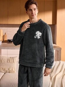 Manfinity Underwear&Sleepwear Basics 男士抓绒蓬松睡衣上衣，舒适柔软，适合秋冬季节穿着，温暖舒适 - 深灰色 - 查看 3