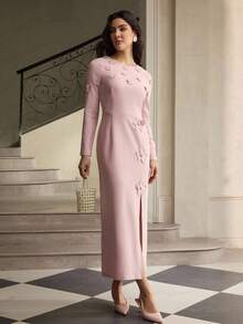 ZEYLAH Elegant 3D Applique Long Dress For Women - Pink - View 5