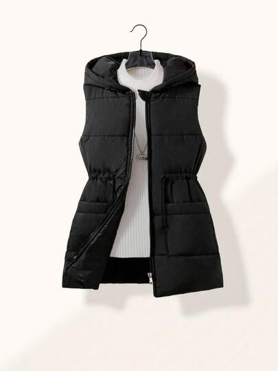 SHEIN Explorewe Tween Girls Elongated Zip-Up Hooded Vest With Pockets