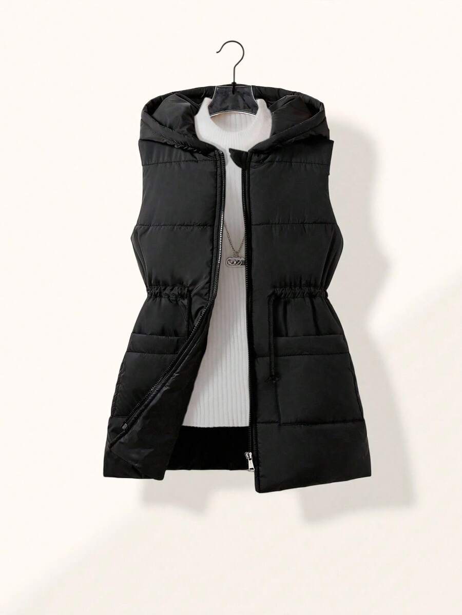 SHEIN Explorewe Tween Girls Elongated Zip-Up Hoodie Vest With Pockets