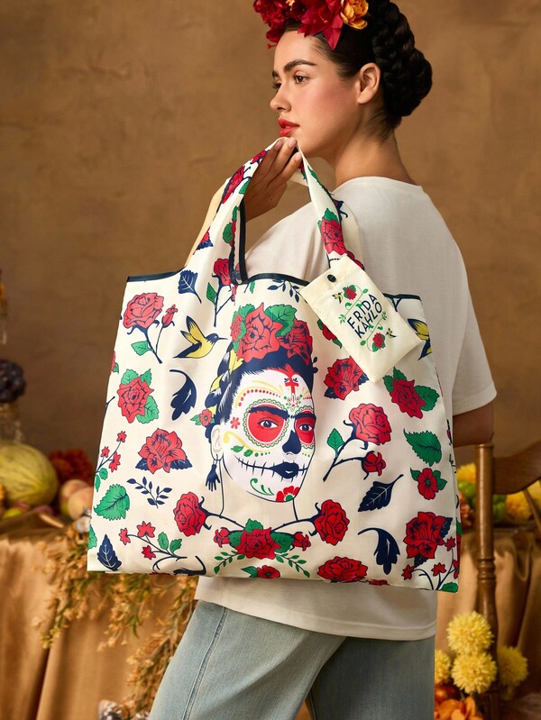 Frida Kahlo X SHEIN 1pc Foldable Shopping Bag With Cute Cartoon Figure Graphic, Tote Bag With Attached Pouch On Chain, Suitable For , Flower Design,HalloweenDay Of Dead,Day Of The Dead,Dia De Los Muertos, Skeleton & Floral,Skeleton,Marigold,Sugar Skulls,Cempasúchil,Candle,Ofrenda,Mexican Marigolds,Papel Picado