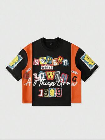 Street Life Maglietta da uomo con stampa patchwork, stile retrò oversize e corto da streetwear