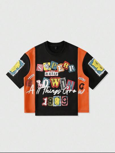 Street Life Men's Preppy Patchwork Print T-Shirt, Loose Cropped Streetwear Retro Style