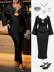 EMERY ROSE Plus Size Women Metal Shawl Collar Foldable Sexy Knit Dress, Suitable For Party - Black - View 1