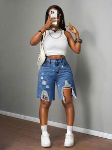 Slaydiva Quần short denim nữ cạp thấp, rộng rãi, rách 5 điểm, họa tiết kim cương Bermuda / Quần short denim xanh nhạt / Quần áo nữ mùa thu / Trở lại trường / Quần áo đồng quê nữ / Quần áo hòa nhạc đồng quê / Quần áo nữ cổ điển / Quần áo đi chơi / Quần áo sân bay nữ / Trang phục đường phố nữ / Quần áo nữ phong cách Y2K - Rửa trung bình - Xem 6