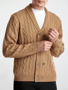 Manfinity CityGents 男士休闲纯色双排扣开衫，秋冬 - 卡其色 - 查看 6