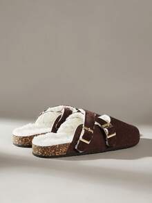 女士带扣设计休闲平底乐福鞋，带保暖衬里 - 咖啡棕 - 查看 4