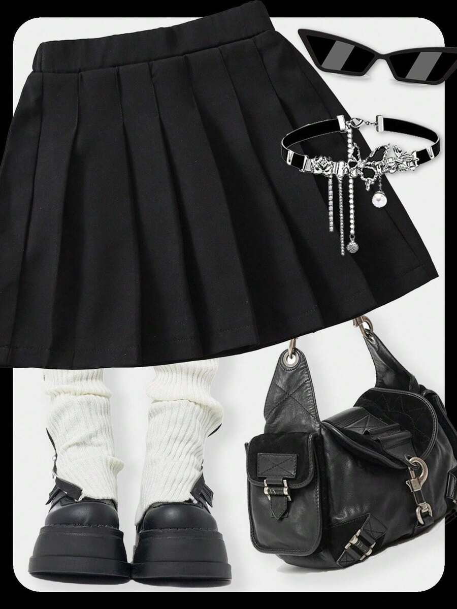 SHEIN Elladie kids Young Girl Solid Pleated Skirt - Black - View 1