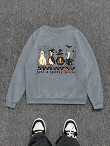 INAWLY 女式万圣节印花长袖圆领运动衫 - 淺灰色 - 查看 3