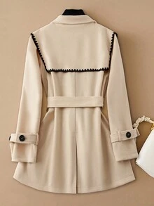 SHEIN Clasi Elegant Casual Daily Colorblock Navy Collar Mid-Length Plus Size Overcoat - Apricot - View 2