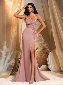 Glamrae Eleganter, luxuriöser Pailletten 3D Blumen Design elastischer geraffter Schlitzrock mit Fischschwanz, geeignet für Hochzeiten, Partys, Urlaub, Galas, formelle Anlässe (schwere Verzierung)