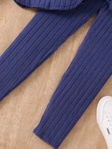 Sparklyn 少女针织罗纹连帽 T 恤，下摆不对称，搭配紧身打底裤，2 件/套 - 藍色 - 查看 4