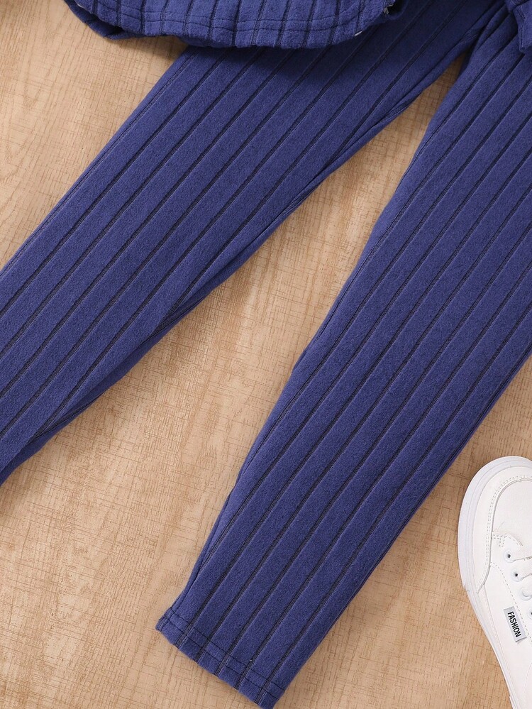 Sparklyn Tween Girl stickad ribbad huva T-shirt med asymmetrisk fåll, matchad med tighta Leggings, 2st/set - Blå - Visa 4