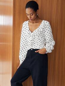 Lumivelle Women's V-Neck Ruffle Patchwork Elegant Polka Dot Long Sleeve Cinched Waist Commuter Blouse - White - View 6