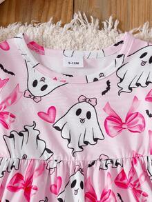 SHEIN Baby Mädchen Halloween Geist & Kürbis Muster süßer, lässiger und bequemer Langarm Feiertags-Outfit