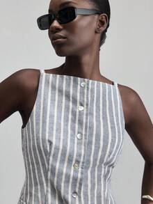 Ontre 2 件套女士亚麻混纺条纹无袖上衣休闲裤套装，灰色，度假风格，2025 年新款，适合日常穿着和商务休闲 - 灰色 - 查看 5