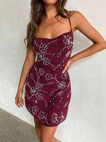 Aloruh Elegante y sexy vestido de tirantes con bordado de cuentas burdeos y espalda descubierta, para verano - Burdeos - Ver 8