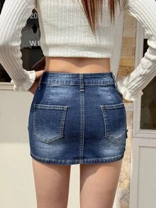 Rivivi Women's Cross Applique Pocket Bodycon Denim Mini Skirt