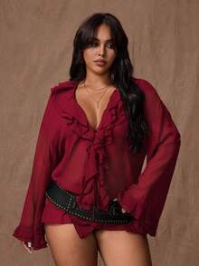 Rustia 大码女式纯色雪纺薄款双荷叶边宽松系带前长袖衬衫 - 酒紅色 - 查看 1