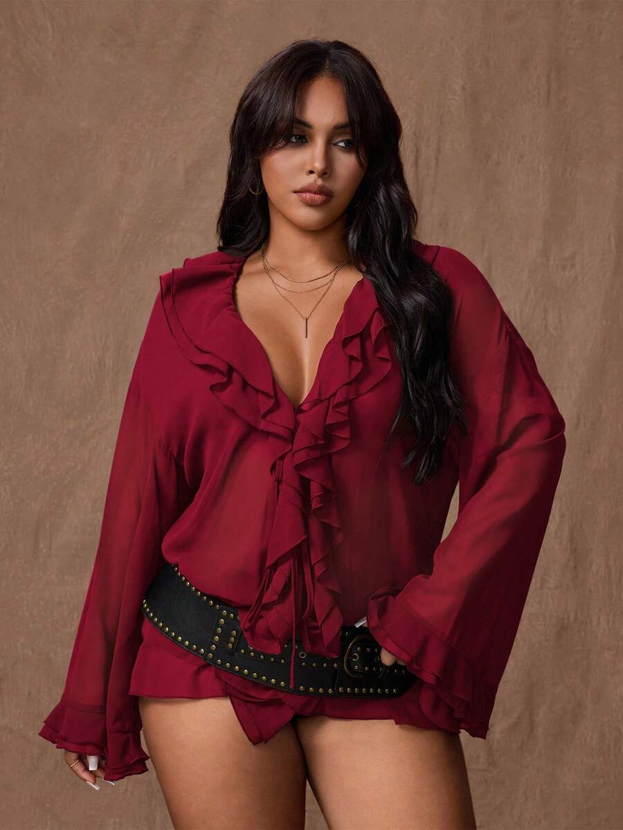 Rustia 大码女式纯色雪纺薄款双荷叶边宽松系带前长袖衬衫 - 酒紅色 - 查看 1