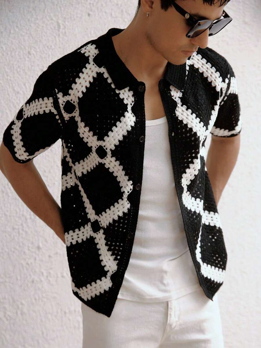 Manfinity Hypemode Men's Boxy Fit Button Through Crochet Knit Shirt